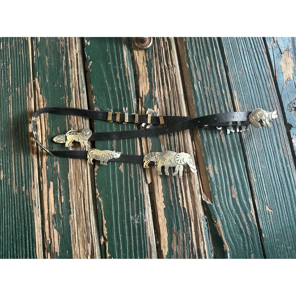 Vintage Safari Animal Concho Belt Black Leather Brass Elephant Lion Rhino 36in